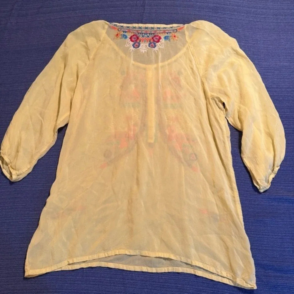 Johnny‎ Was Yellow Embroidered Cupra Rayon Tunic Blouse C82753 Womens Medium